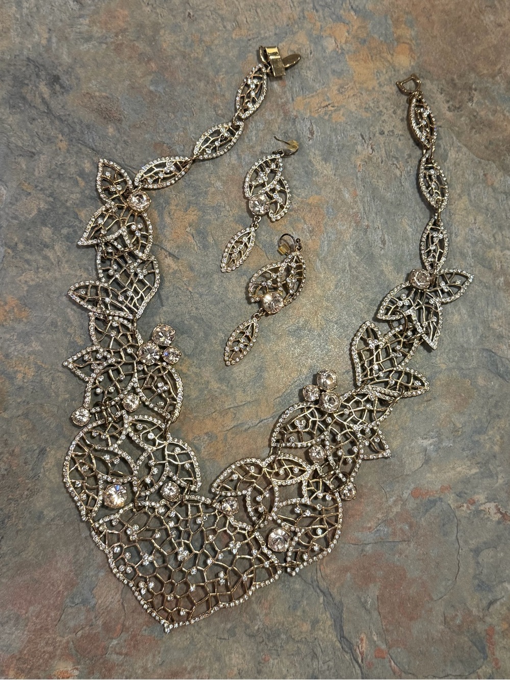 Ann Taylor Gold-Tone Crystal Filigree Necklace and Drop Earrings